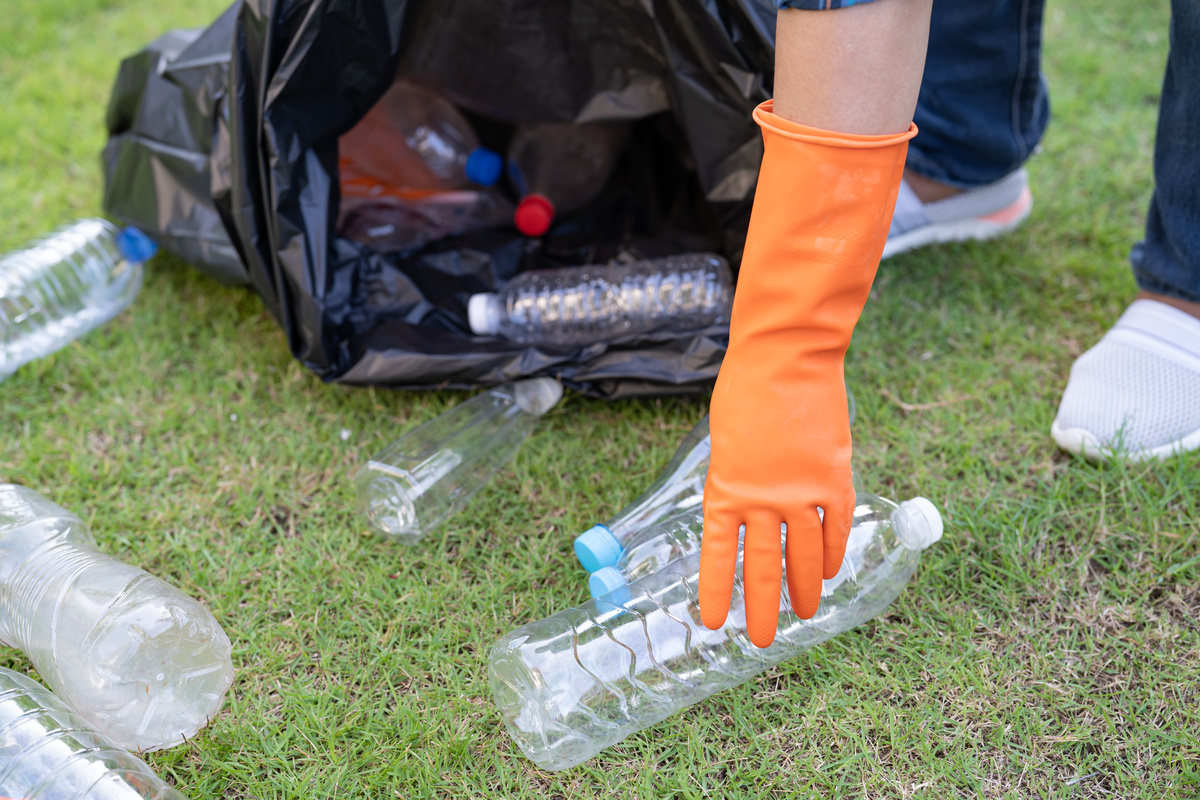 Asian Woman Volunteer Carry Water Plastic Bottles into Garbage B